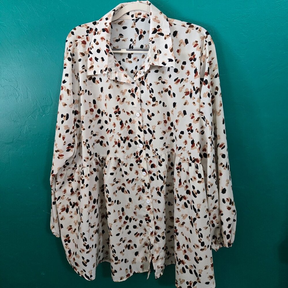 Casual Plus Size Lantern Sleeve Button Down